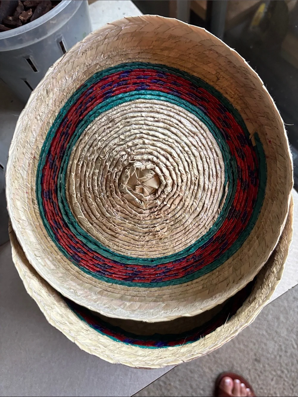 Handwoven Palm Tortillero Natural Straw Basket with Red Floral Accent